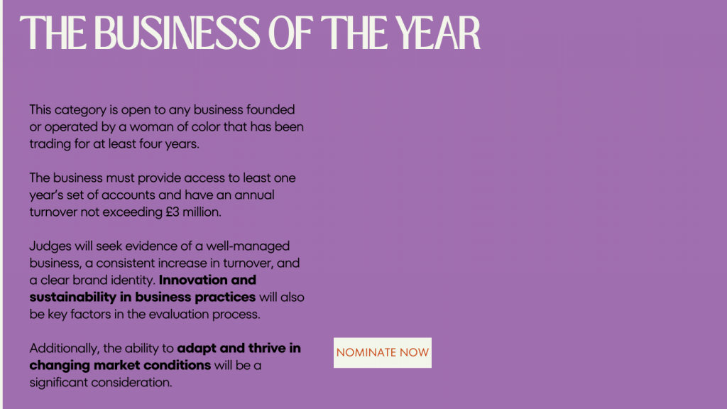 nomination criteria for the business of the year
